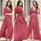 V neck print split woman rayon long sleeve maxi dress with waist tie