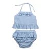 Stone Blue and White Stripes Design with Ruffle Baby Girls Swimsuit with High Quality Kids Summer Wear