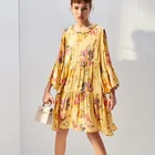 Spring and summer soft yellow printing loose silk dress for vacation