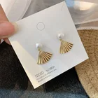 Korean style fashion generous and simple Sen-shaped fan-shaped pearl retro banquet S925 silver needle earrings