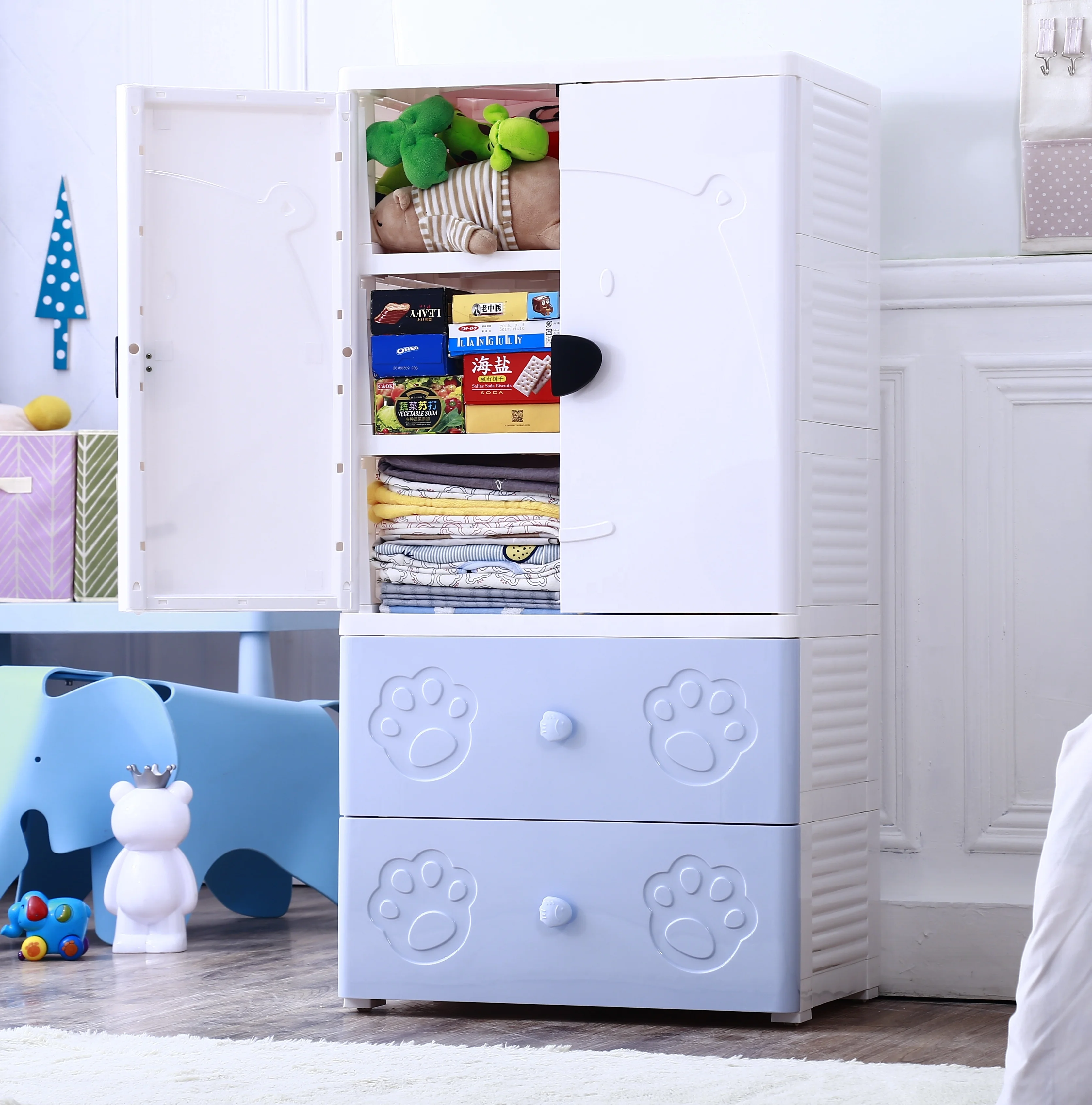 Double Door Cartoon Finishing Drawer 3 Tier Storage Cabinet