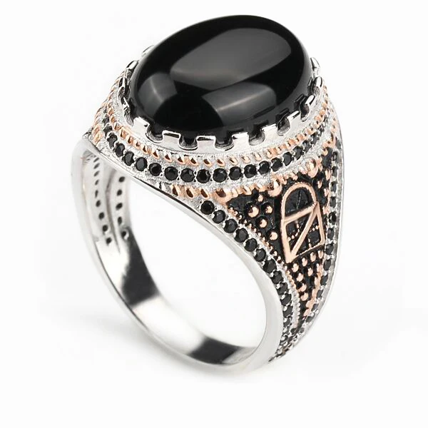 925 пробы серебро Турецкий Человек драгоценный камень кольцо черный агат камень серебро мусульманские кольца для мужчин мусульманин