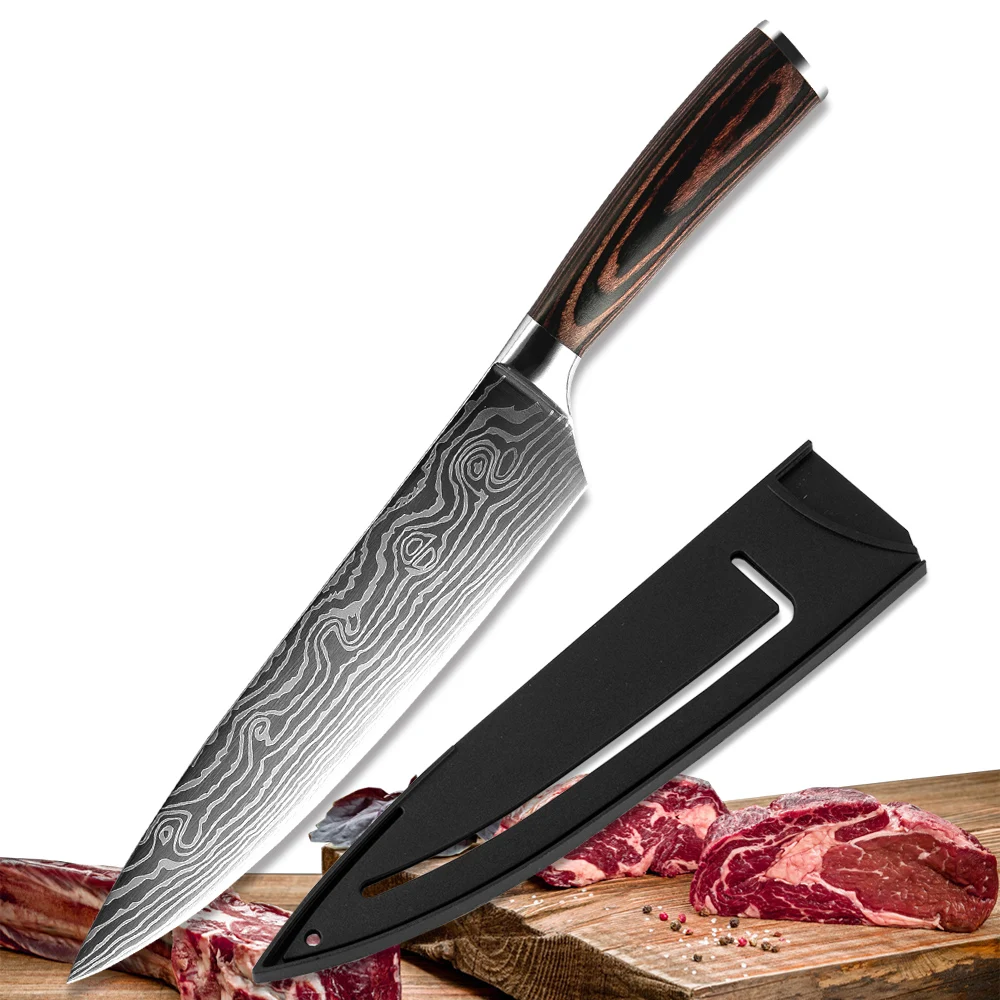 Профессиональный 8 "Нож шеф повара 7cr17 Sharp нержавеющая сталь и Pakka деревянной ручкой Дамаск кухонный нож Дамаск лазерный узор Новый