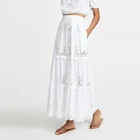 Women Sheer Cotton Flower Embroidery Crochet Trim Maxi Skirt White Skirt