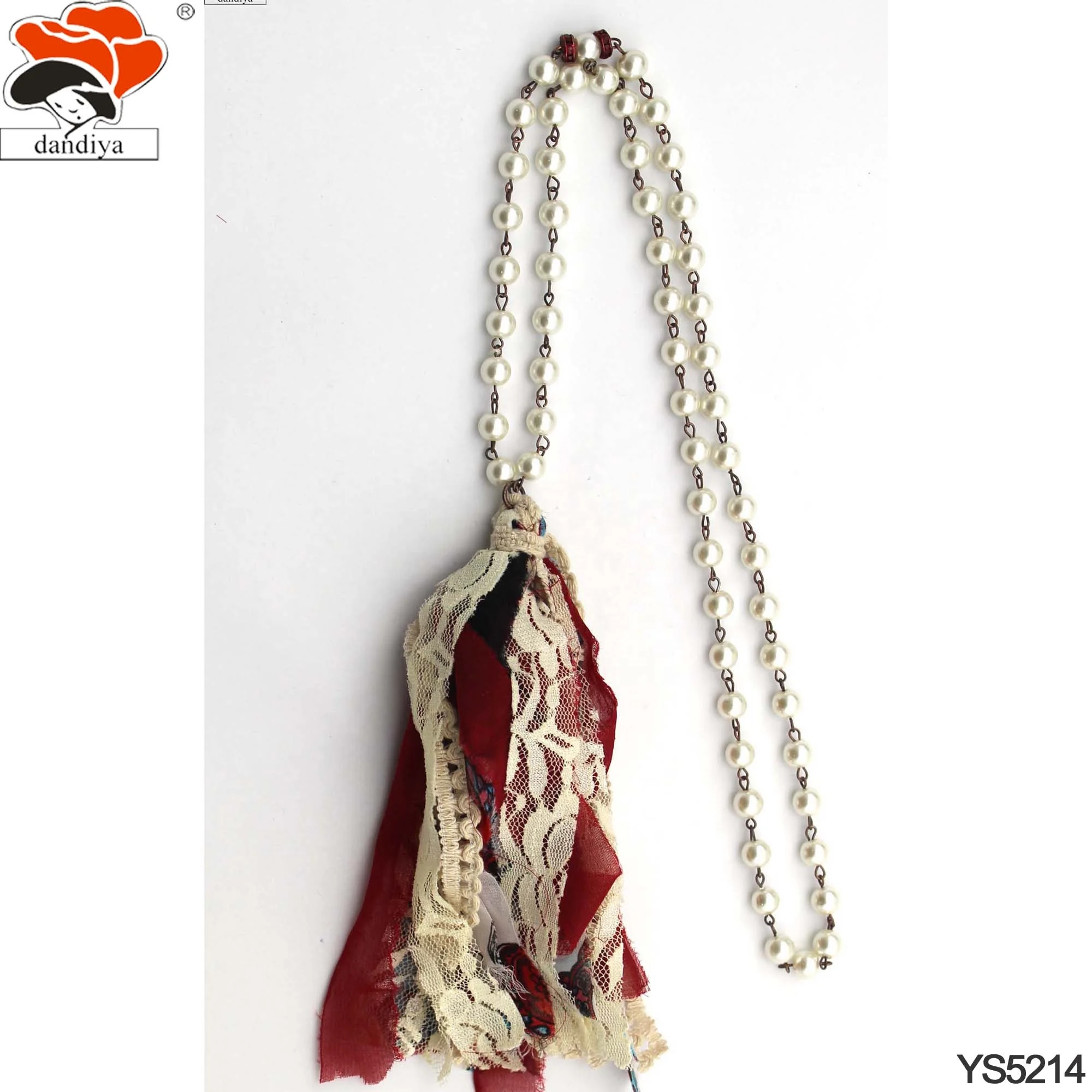 De imitación collar de perlas con encaje beige y Rojo borla de biselado de Buffalo cinta de tela escocesa