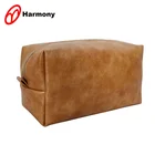 Mens plain brown makeup portable leather toiletry pouch