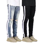 Hip Hop Male Blue Trousers Men Fashion Clothing Ripped Side Striped Cotton Denim Jeans