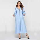 dubai abaya wholesale denim elegant abaya muslim long dress V-neck line puff sleeve fringed dress muslim robe women