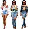 Fashion New Design Girls Chiffon One Word Collar Three Quarter Ruffle Floral Print Womens Blouses Ladies Summer Casual Tops