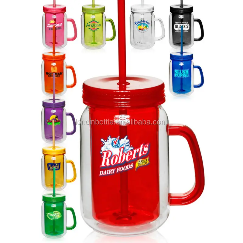 New 20oz Double Wall Personalized Mason Jars With Handle,Plastic Double