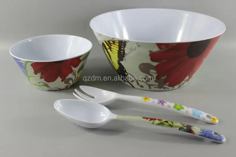 7 Pcs Melamine Salad Bowl Set With Salad Spoon And Fork flower print