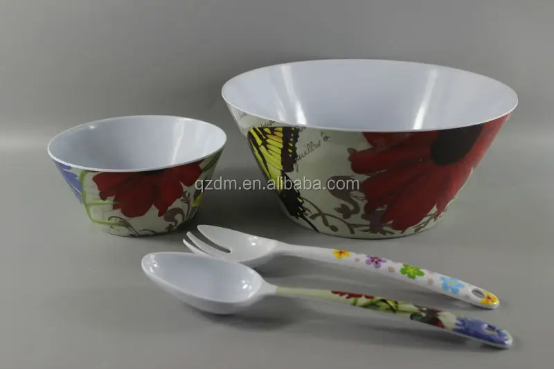 7 Pcs Melamine Salad Bowl Set With Salad Spoon And Fork flower print