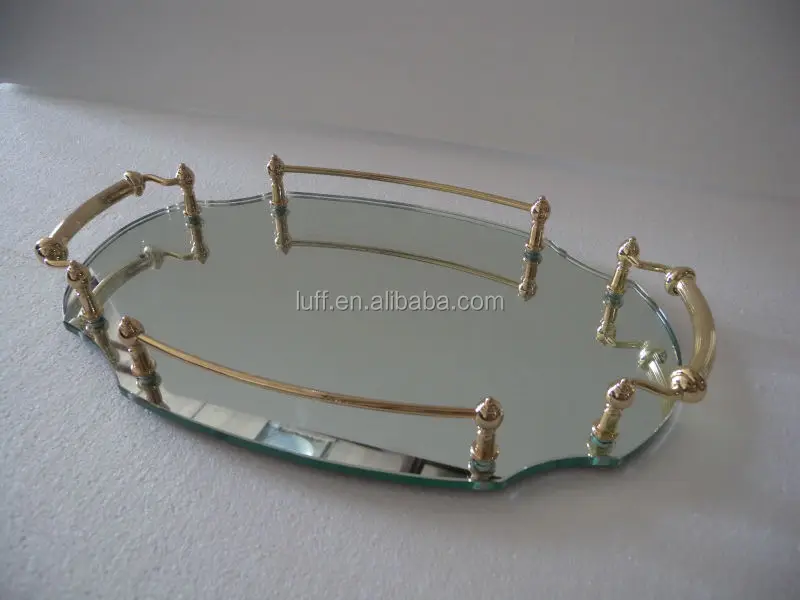 vintage gold rail 1-tier oval mirrored vanity tray