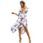 Custom deep V neck sexy chiffon clothing maxi waist dress irregular flower women casual dress