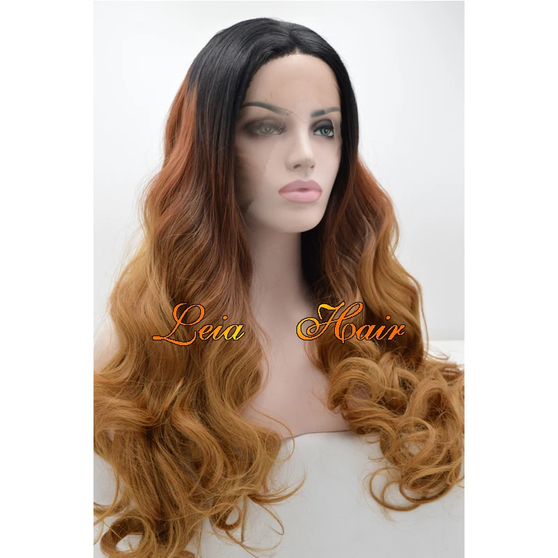 Brown Wig Synthetic Ombre Lace Front Wavy Wig Heat Resistant Kanekalon Hair Three Tone Color Black To Brown Glueless Long Wigs
