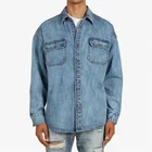 Royal wolf denim top manufacturer light blue washed drop shoulder sleeve denim work shirt mens men's denim shirt