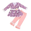 Floral tunic girl dress and pink leggings girl ruffle set with lace wholesale kids clothes