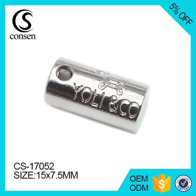 US standard custom brand logo engraved rope ends silver cord stopper for clothing