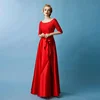 Hot Red Scoop Neck Long Mother Of The Bride Dress With Half Sleeve Lace Satin Gown 2018