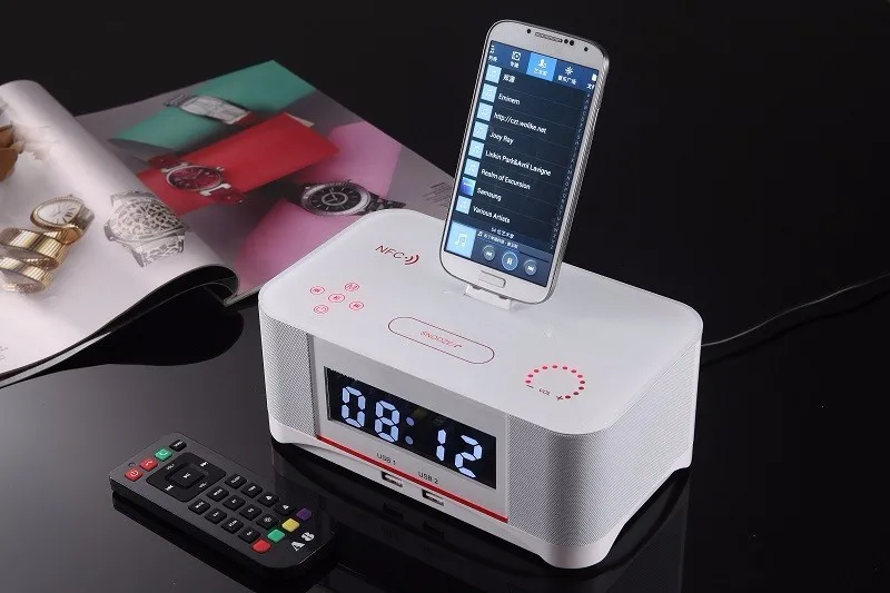 Hot A8 Touch Radio Alarm Clock Bluetooth Speaker with docking System,Portable Dock Station Stereo A8 FM AUX NFC Dual USB speaker - ANKUX.COM