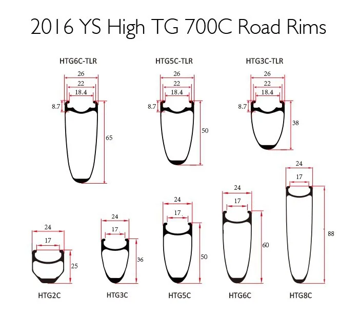 2016 Carbon Road Rims 60mm Depth Clincher Tubeless in 26mm width