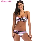2018 Soild Strip Print Halter Bikini Set Swimsuits For Women