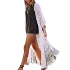 Women's Sexy White 3/4 Sleeve Lace Tassel Long Fringe Kimono Cardigan Swimsuit Bikini Cover Up