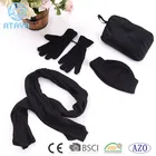 Hot Sale 100% polyester fleece knitted set hat scarf and gloves with Polyester woven bag