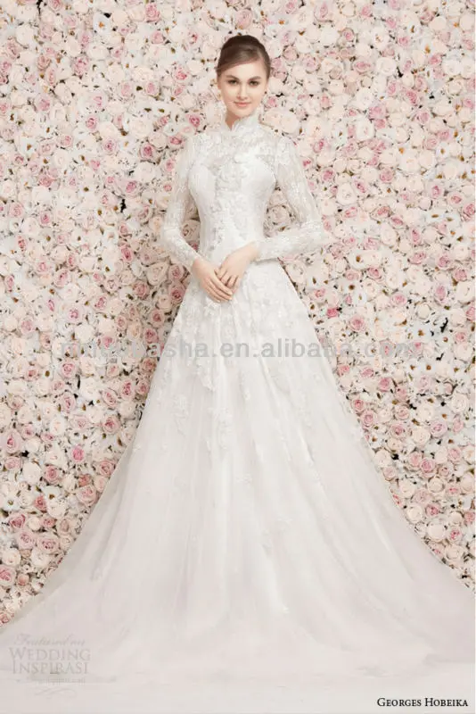 Beautiful A Line Wedding Dresses With A High Neck Long Sleeve Lace
