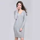 Women pure colour v-neck pullover long sleeve knit sweater dress