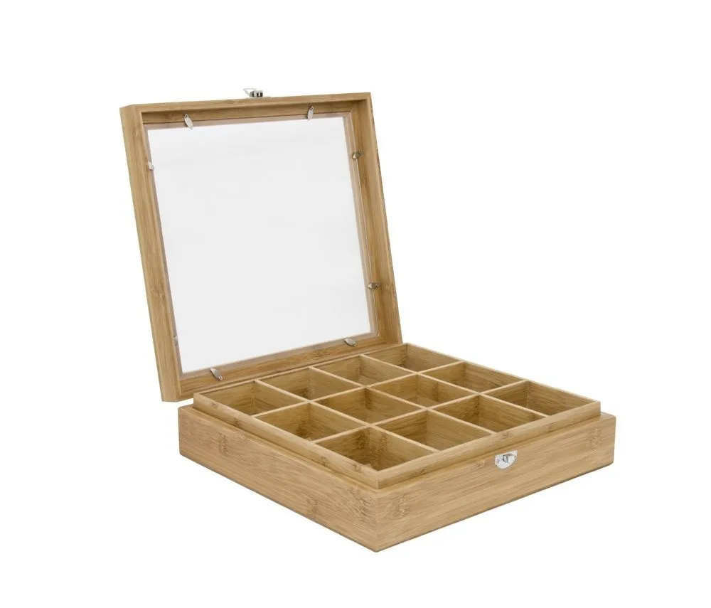 12-Compartment Bamboo Wooden Tea Box with Window