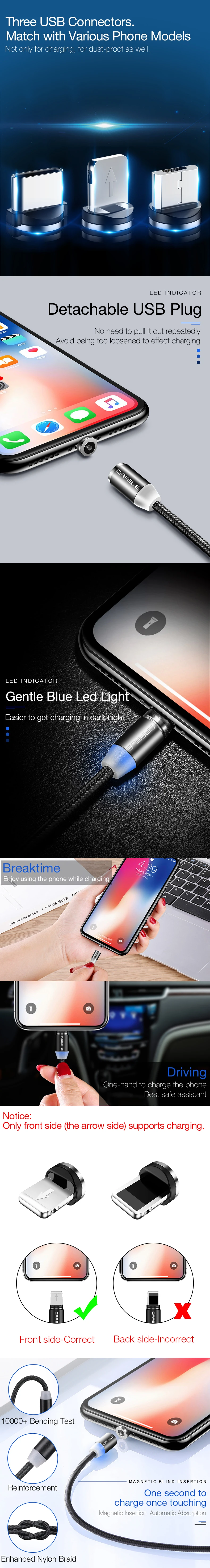 CAFELE New LED Blue Light 3 in 1 Magnetic USB Cable 8 Pin Micro Type-c Charger Multi Usb Charging Cable - ANKUX.COM