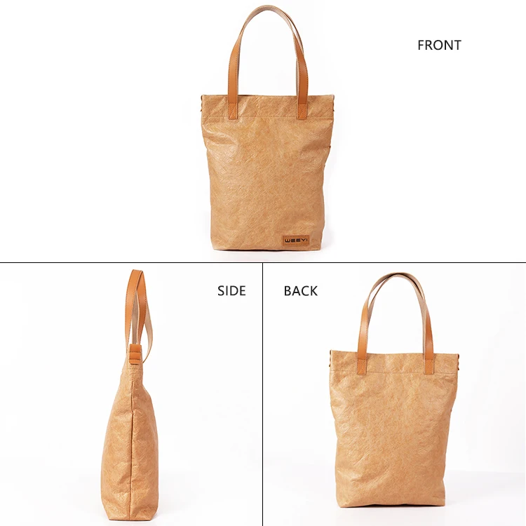 custom eco-friendly tyvek paper shopping tote bag with leather