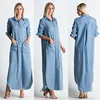 New Arrival Ladies Western Dress Designs, PINSTRIPE WOVEN DENIM MAXI DRESS WITH ROLL TAB SLEEVES