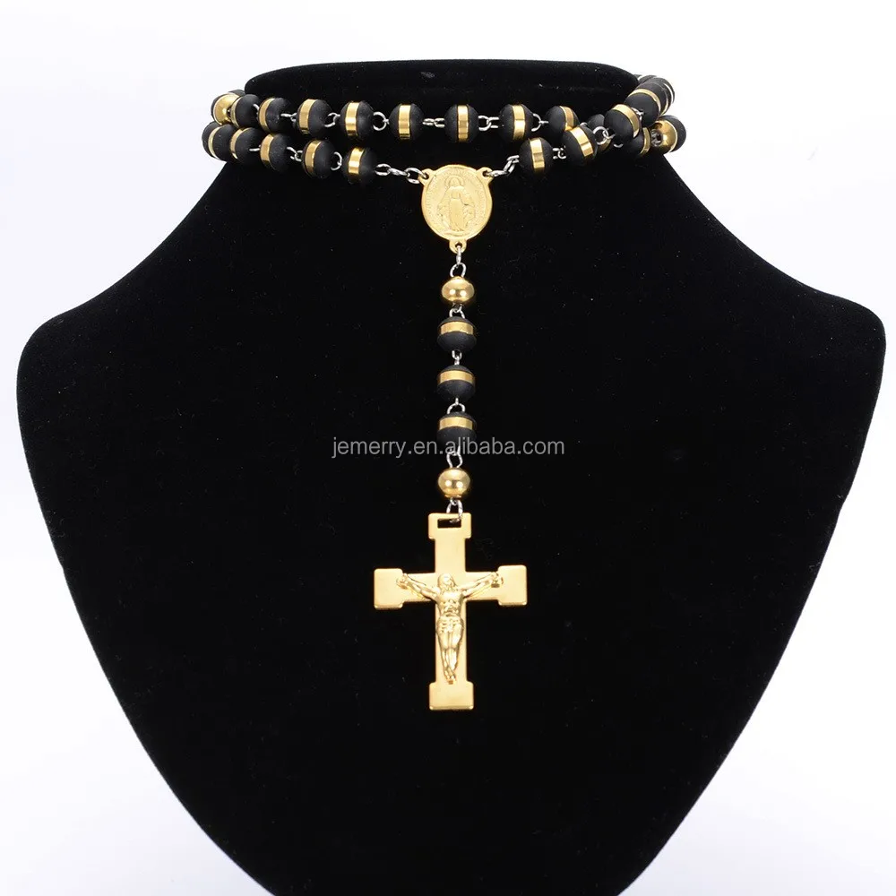 Faithful Black Rubber Beads Lourdes Catholic Rosary in Gold Color Cross Necklace