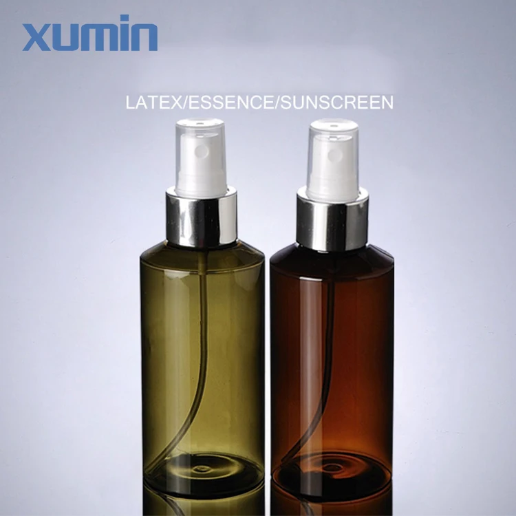 High quality sliver spray cap 100ml green amber plastic cosmetic pet bottle