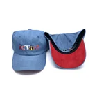 custom embroidery denim baseball dad hat with red suede under brim