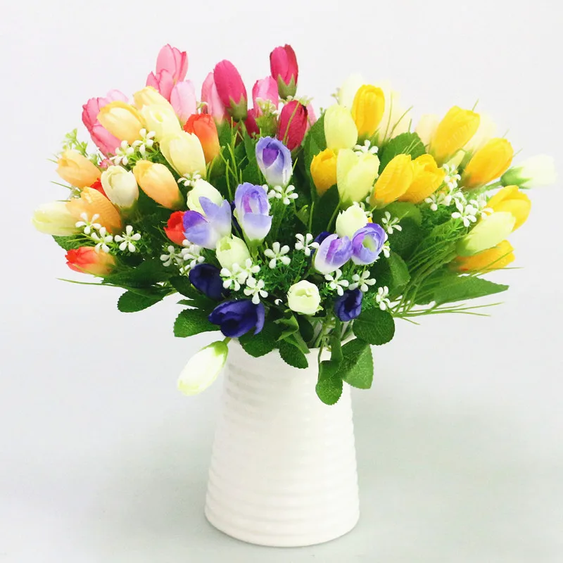 Flone 15 Heads Mini Artificial Tulips Bouquet Silk flower DIY Wedding Home Decorative Wreath Fake Decorative Florals (2)