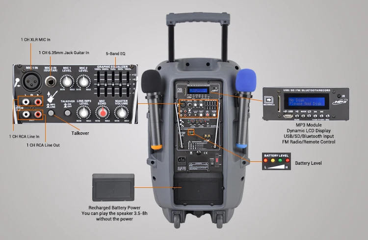 RQSONIC PMW15AMFQ-U2BP-BT 15 Inch Trolley Bluetooth Battery Active Speaker With 2 Wireless Microphone - ANKUX.COM
