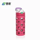 Factory price plastic cap flip top portable travel drink reusable water container 450ml glass bottle silicone sleeve with straw
