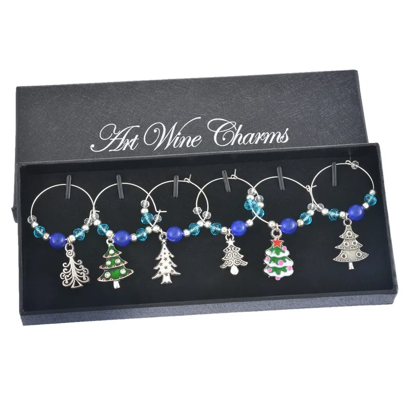 1Box Blue Beads Crystal Christmas Tree Enamel Pendant Wine Glass Charms Christmas Dinner Table Decoration 2016 New Year
