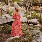 MIGO 2019 new style red chiffon floral print short sleeve lace up maxi evening dress for women party wear A3069