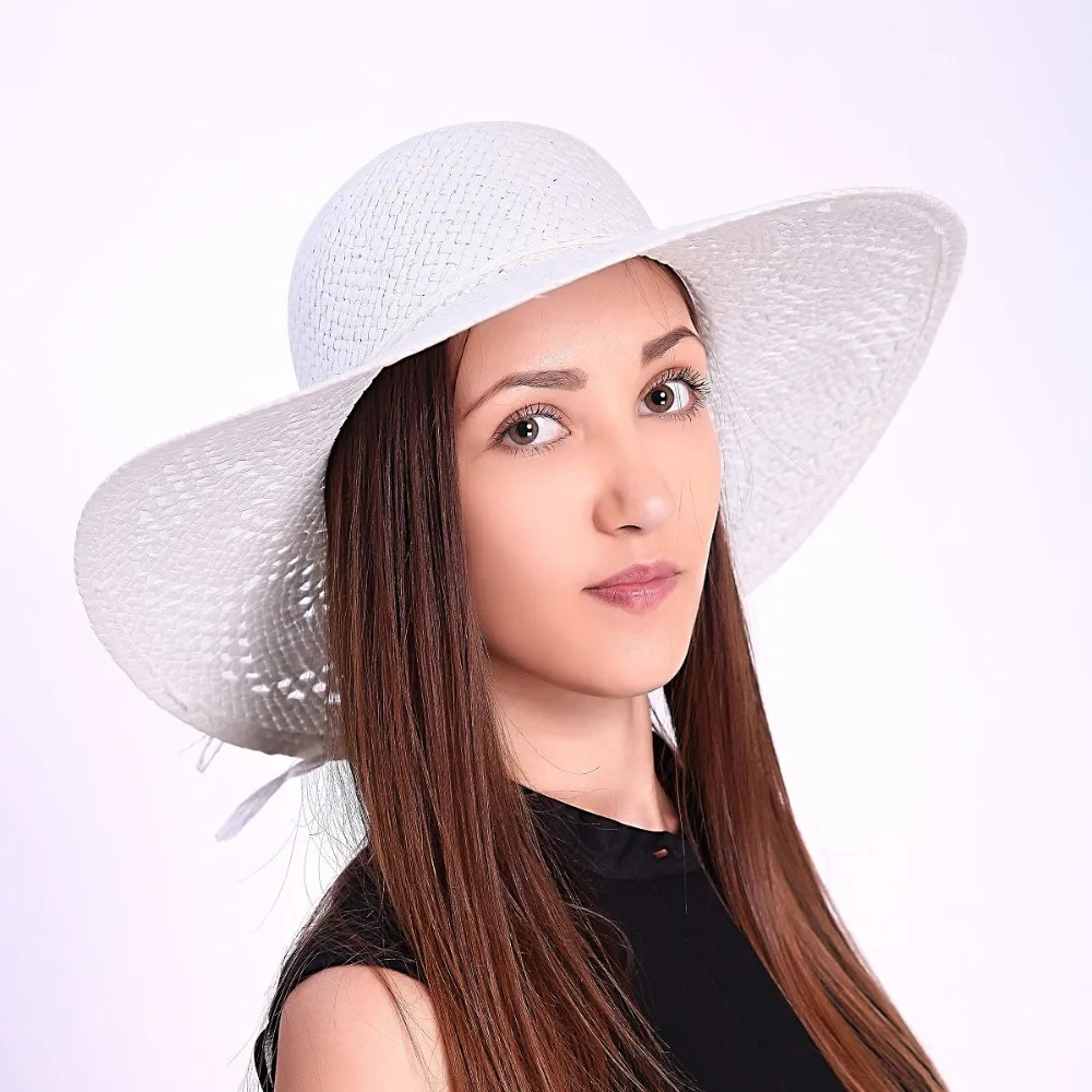 2015 New Fashion Elegant White Summer Straw with Strings Hollow Out Design High Quality Women Beach Summer Hat Ruffle