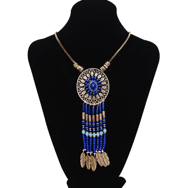 2015 Vintage beads tassel pendants necklaces for women bohemian retro gold long necklaces with crytsal ethnic jewelry