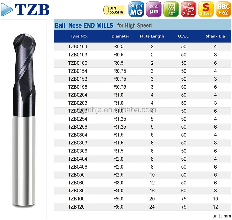 hrc62 cnc milling cutters 2 flutes 12mm ball nose end mill wood