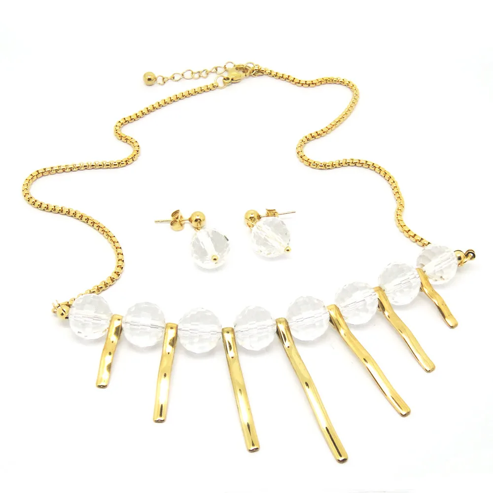 Stainless steel gold tone bar tassel crystal jewelry set necklace