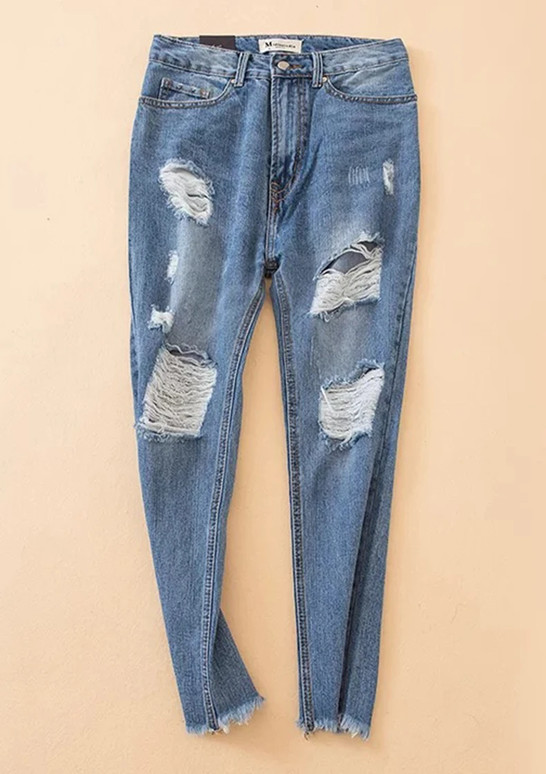 Fashion Girl Cotton Worn Pants Ripped Knee Jean Women Destroyed Jeans
