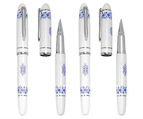 Porcelain White Blue Fountain Pen Chinese Culture Dragons Phoenix 18kgp Nib M with Push in Style Ink Converter