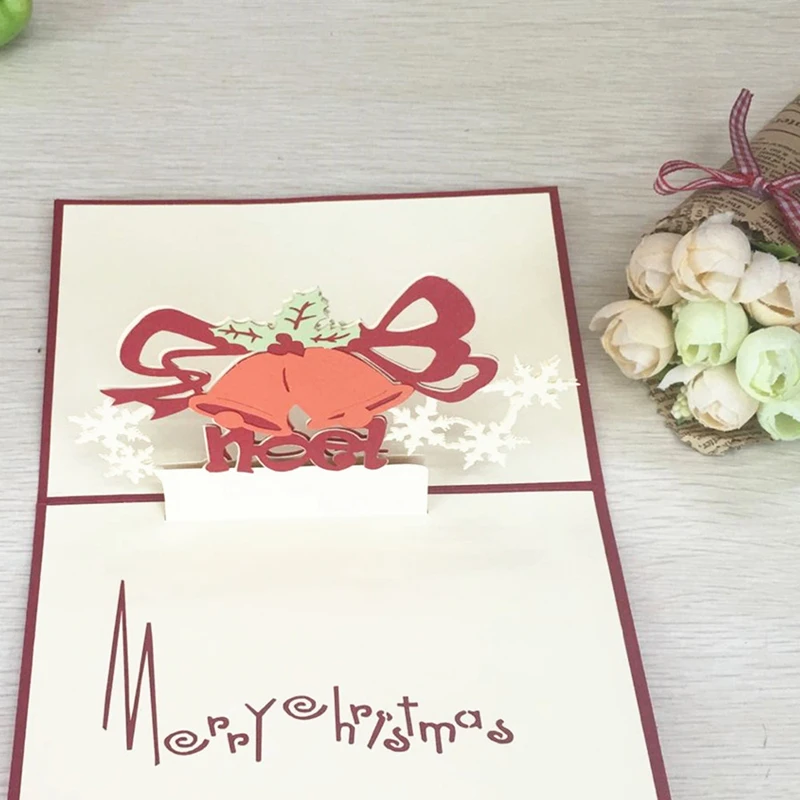 1pcs Christmas Bells 3D Laser Cut Greeting Pop Up Card Invitation Custom Postcards Christmas Thanksgiving Day Party Gifts (5)