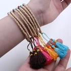 Colorful Mala Wood Stone Beads Tassel Bracelet